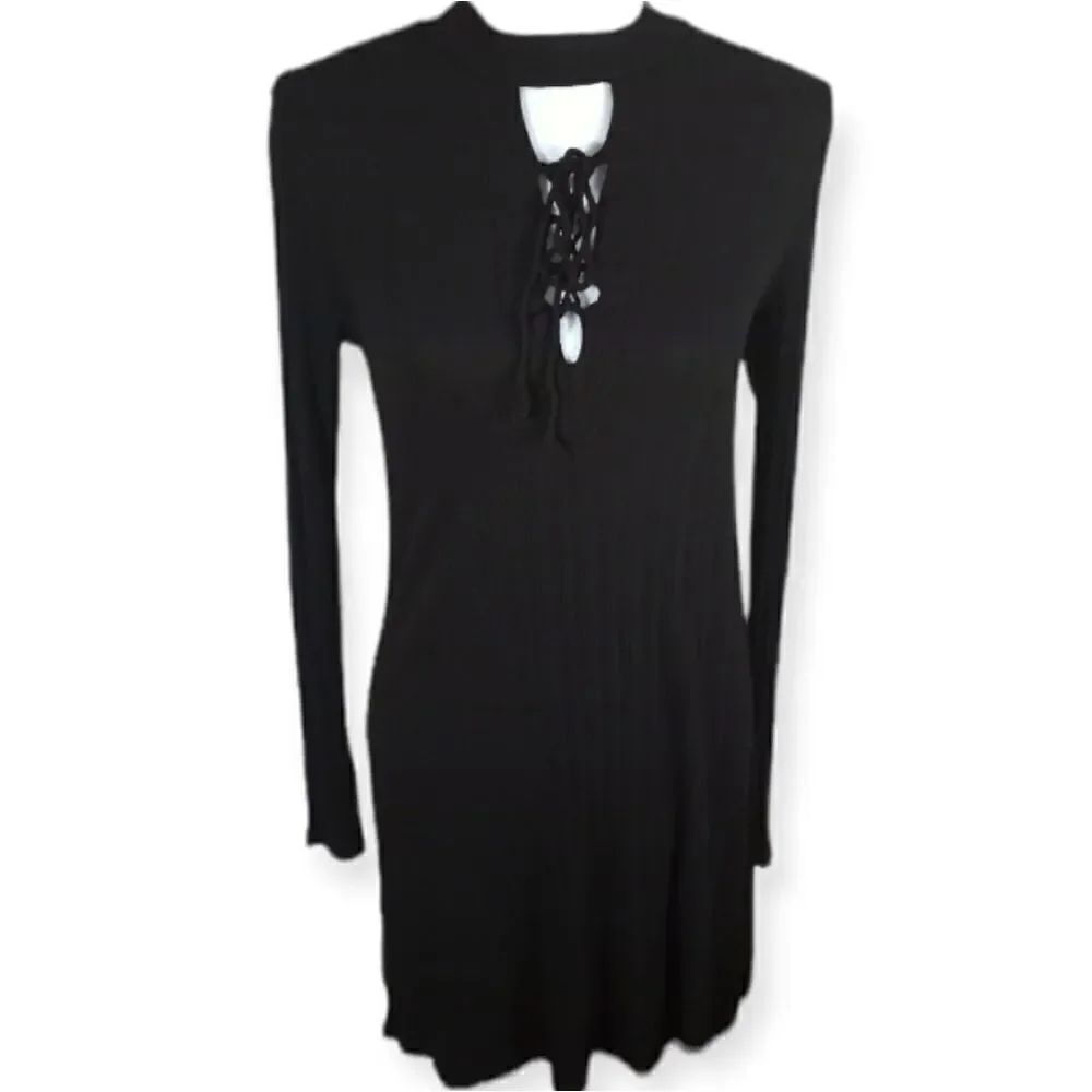 FOREVER 21 BLACK RIBBED LACE UP DRESS SZ.S EUC
